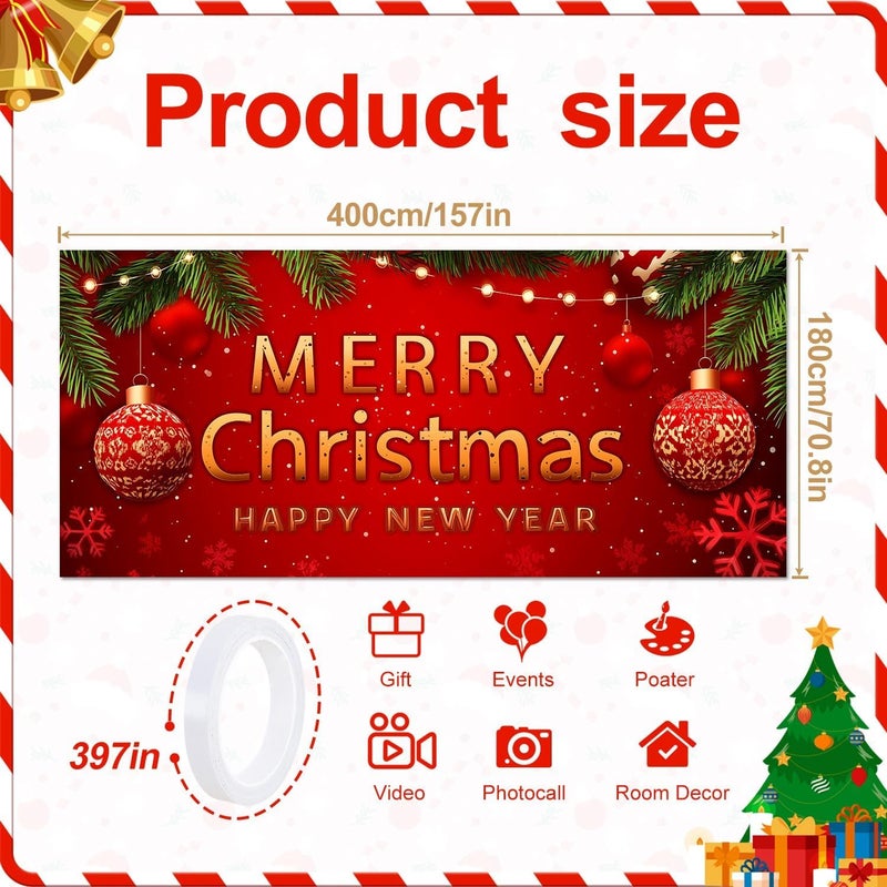 THISFIND Christmas Garage Door Banner – Red Holiday Mural Cover with Gold "Merry Christmas and Happy New Year" Text, Ornaments, Snowflakes, and Pine Decor – Outdoor Xmas Decoration for Garage or Porch - Image 2
